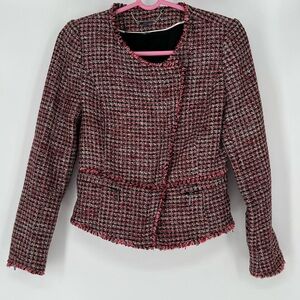 White House Black Market Red‎ & Black Metallic Tweed Moto Blazer Jacket